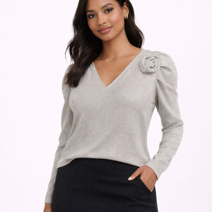 NWT Women's ALEX & PARKER Silver Shimmer Floral Accent Long Sleeve Top S